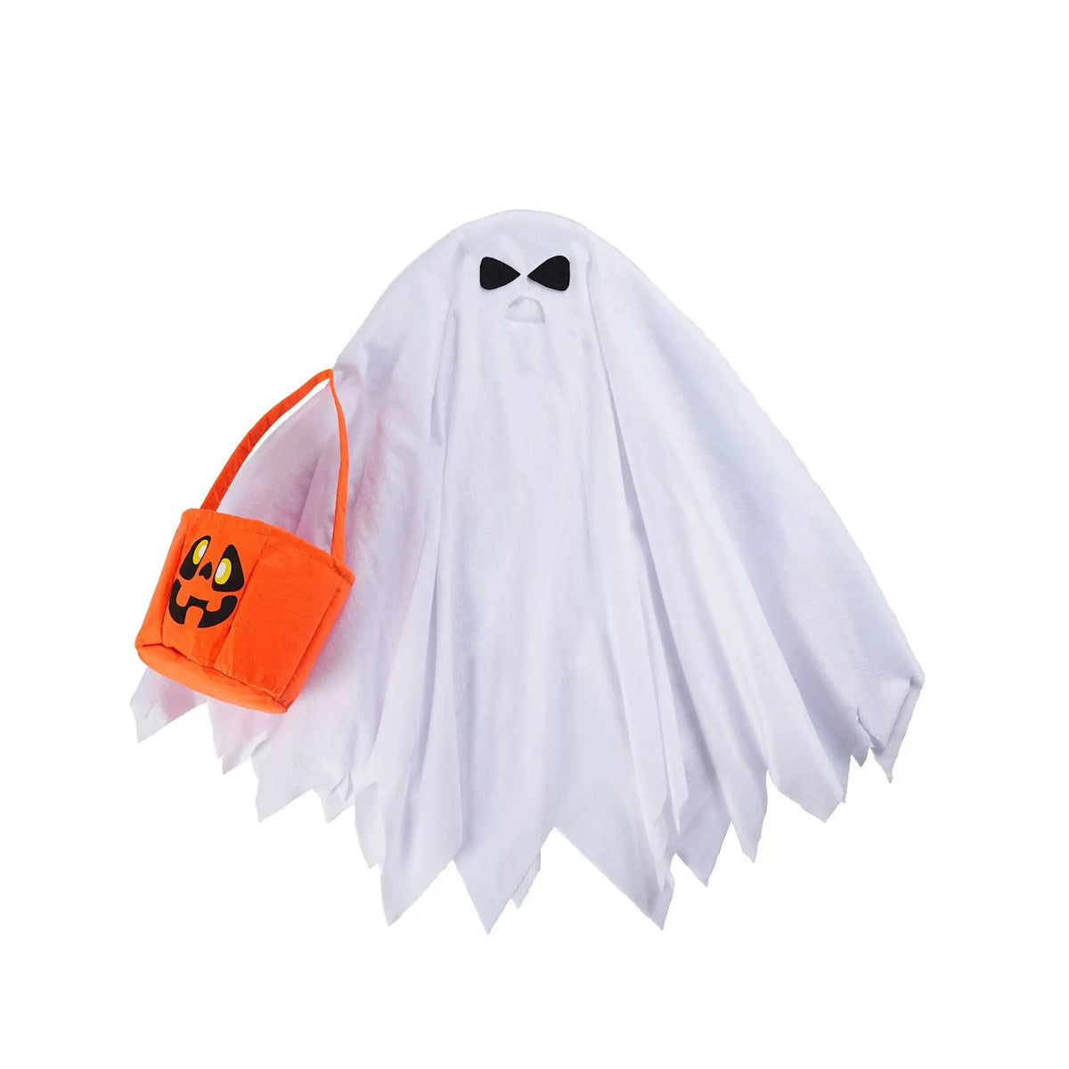 A white ghost costume featuring a black bowtie and an orange pumpkin-shaped bag.