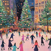 A vibrant outdoor scene featuring a Christmas tree decorated with lights and people in a city setting.