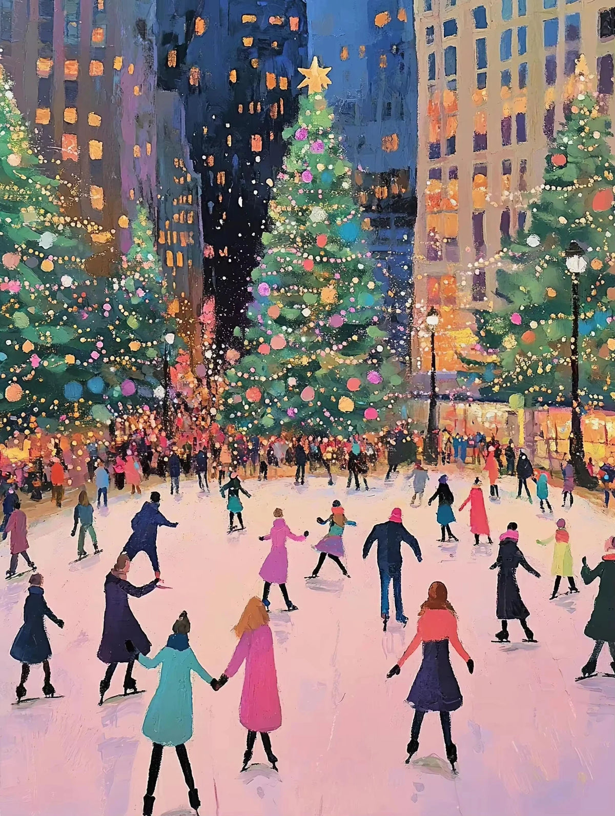A vibrant outdoor scene featuring a Christmas tree decorated with lights and people in a city setting.