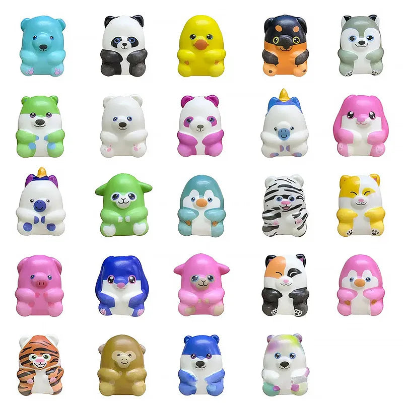 A collection of colorful squishy fidget toys shaped like various animals and food items.