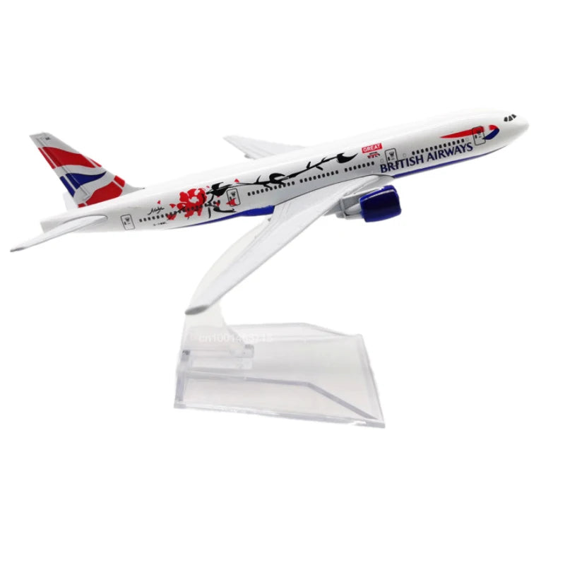 A diecast model of a British Airways airplane in red, white, and blue livery.