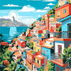 A vibrant painting of a hillside seaside town with colorful buildings and blue water under a bright sky.