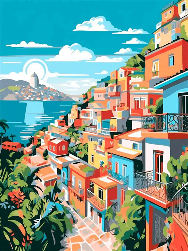 A vibrant painting of a hillside seaside town with colorful buildings and blue water under a bright sky.
