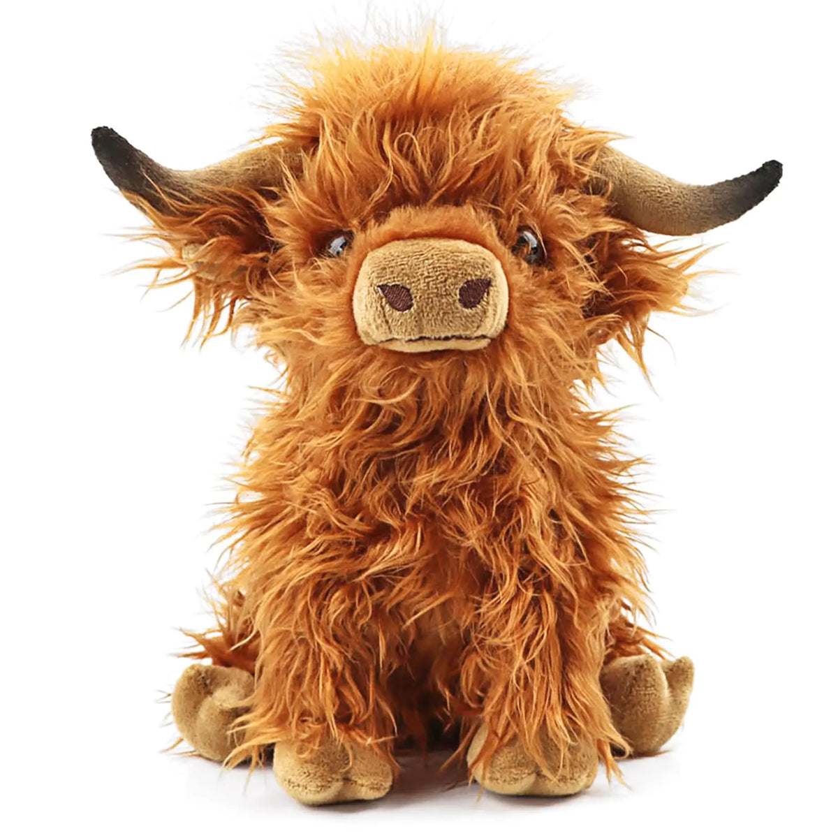 Flauschiges orangefarbenes Highland-Kuh-Plüschtier mit großen Hörnern und ausdrucksvollen Augen.