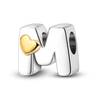 A sterling silver letter M charm with a heart accent, featuring cubic zirconia stones.