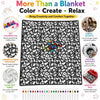 A black and white patterned blanket featuring designs for DIY coloring, shown alongside markers and fabric samples.