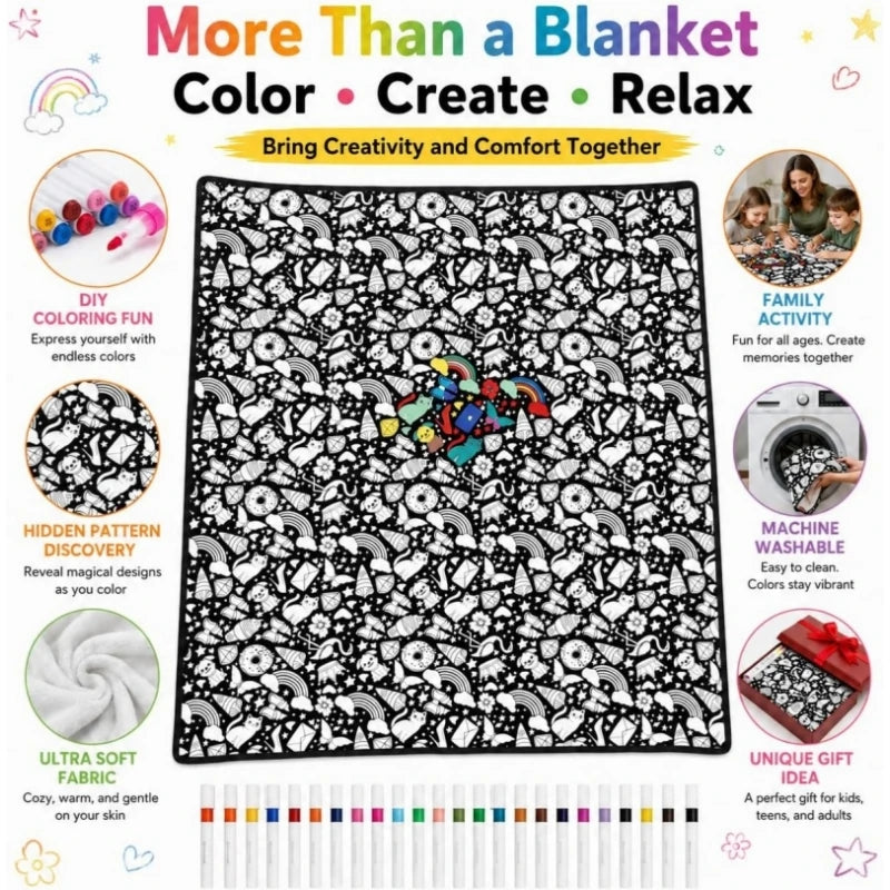 A black and white patterned blanket featuring designs for DIY coloring, shown alongside markers and fabric samples.