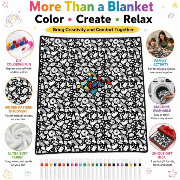 A black and white patterned blanket featuring designs for DIY coloring, shown alongside markers and fabric samples.