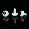 A set of white plastic safety eyes for amigurumi and stuffed animals, shown with reflections on a black surface.