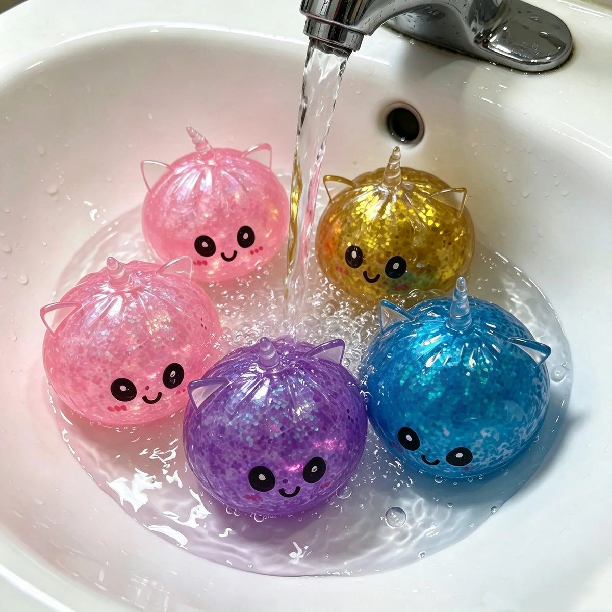 Five colorful unicorn-themed squishy stress balls are being washed in a white sink.