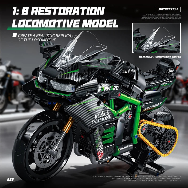 A detailed black and green model of a locomotive motorbike built from building blocks.