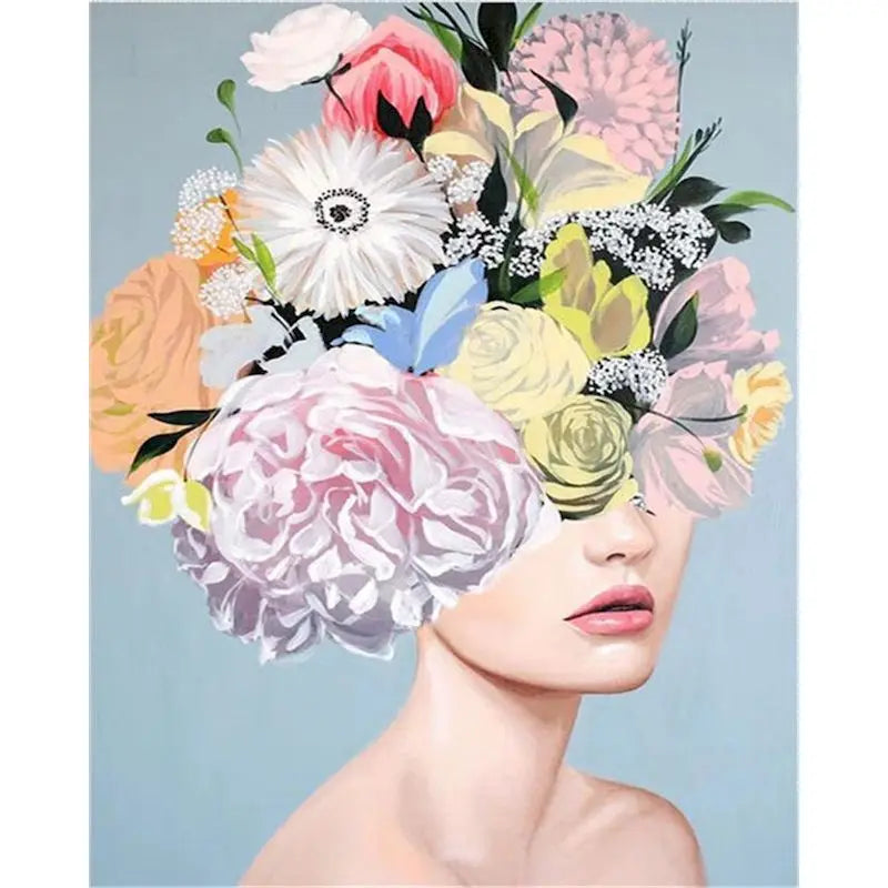 A woman's face is adorned with a vibrant bouquet of painted flowers and foliage.
