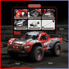 A red high-speed 4WD brushless RC monster truck is shown with various components and dimensions.