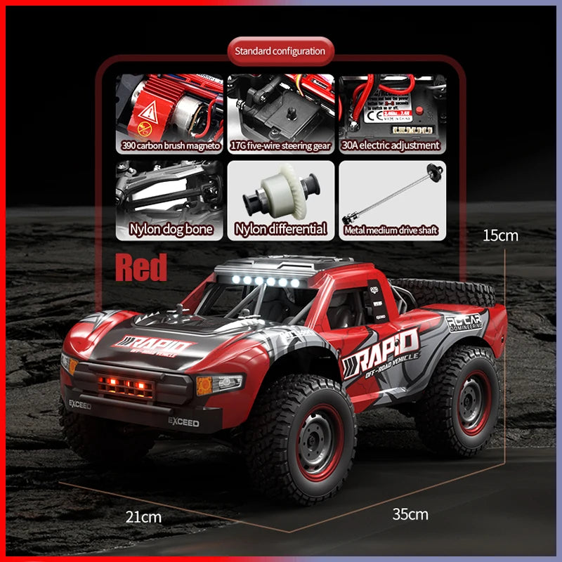A red high-speed 4WD brushless RC monster truck is shown with various components and dimensions.