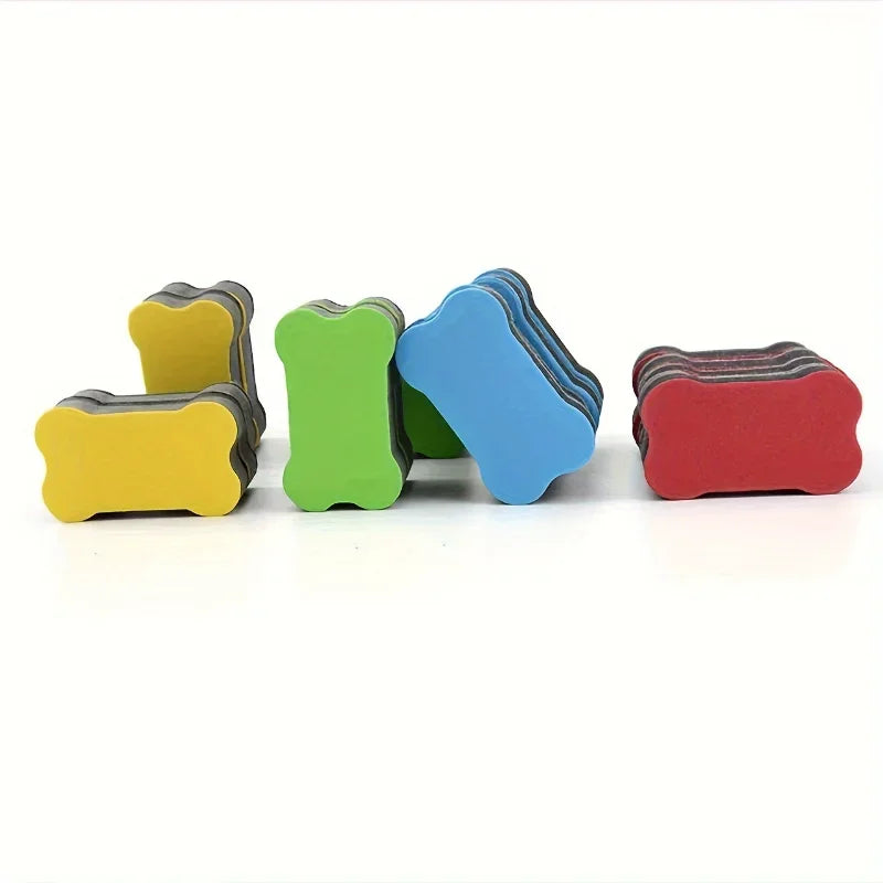 A set of three colorful magnetic dry erase erasers in yellow, green, and blue.