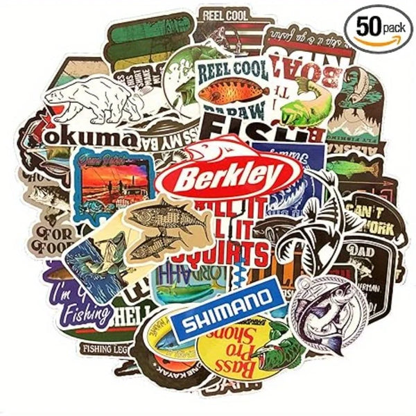 A collection of fishing theme vinyl decals featuring various fish, lures, and related graphics.