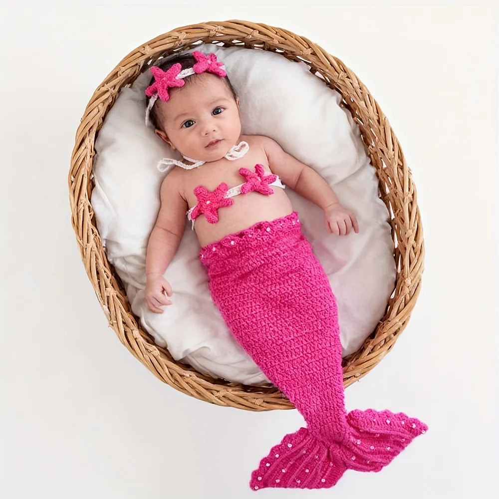 A newborn baby wearing a pink knit mermaid tail skirt and a matching pearl headband, resting in a woven basket.