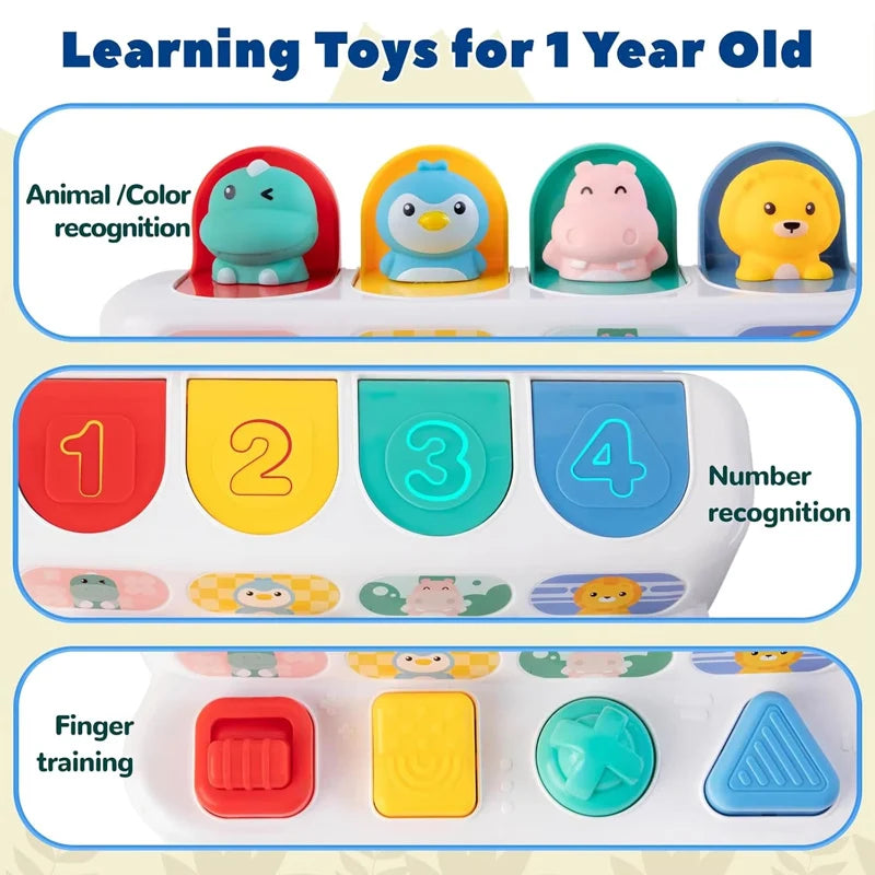A set of learning toys for a one-year-old including animal recognition, number recognition, and finger training activities.