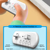 A white remote control device is shown with various buttons and switches, demonstrating its functions.