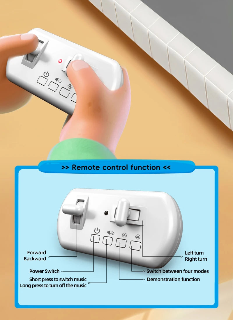 A white remote control device is shown with various buttons and switches, demonstrating its functions.