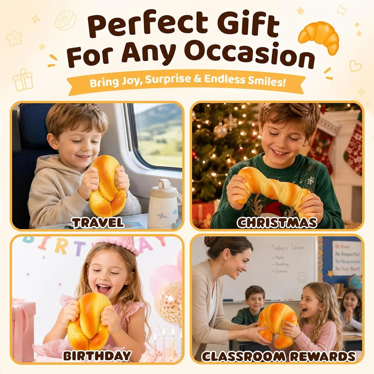 A collection of images showing a squishy croissant toy used as a gift for various occasions like travel, Christmas, birthday,