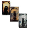 Three tarot cards featuring a black cat silhouette against an orange and dark background.