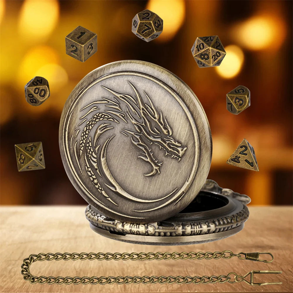 A round, antique-style metal case featuring a dragon design, surrounded by seven small dice, next to a silver chain.
