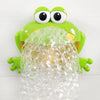 A bright green frog toy with large eyes is surrounded by a cascade of clear bubbles.