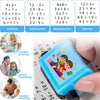 A blue math roller stamp is shown with various operations like addition, subtraction, multiplication, and division printed on