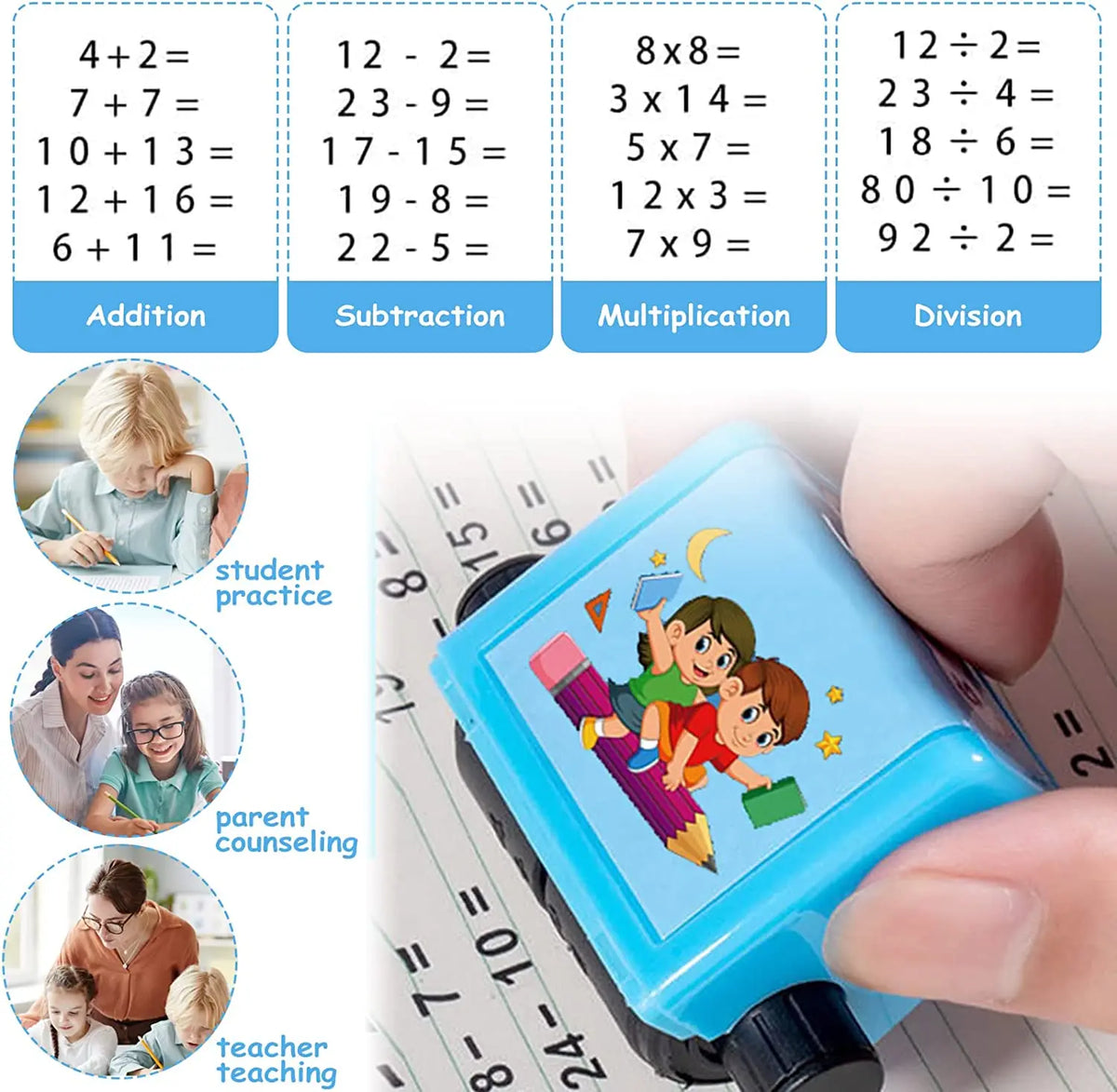 A blue math roller stamp is shown with various operations like addition, subtraction, multiplication, and division printed on
