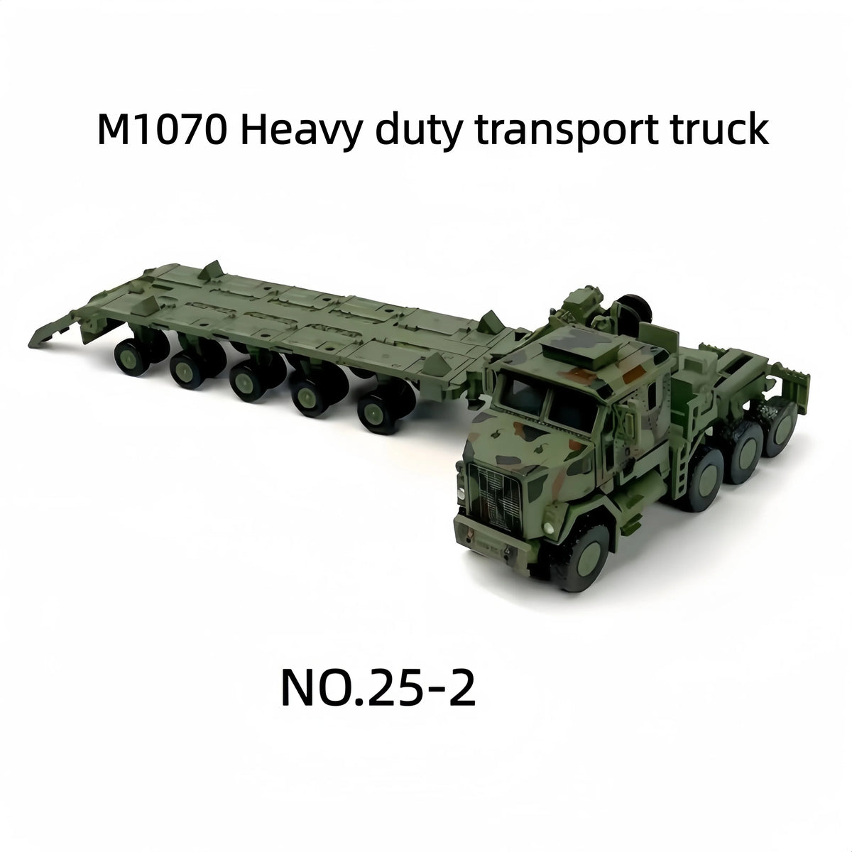M1070 Heavy duty transport truck model in green camouflage.