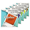 A set of Orphee acoustic guitar strings in 85/15 Bronze, shown with various gauges and packaging.