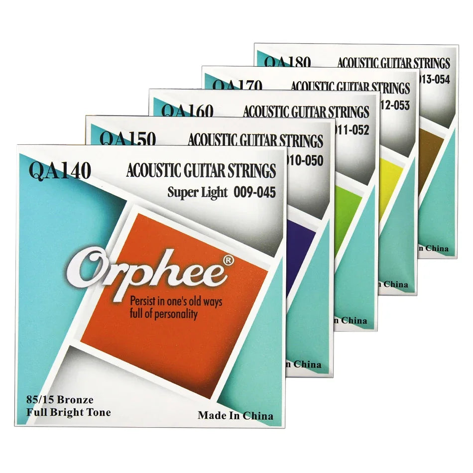 A set of Orphee acoustic guitar strings in 85/15 Bronze, shown with various gauges and packaging.