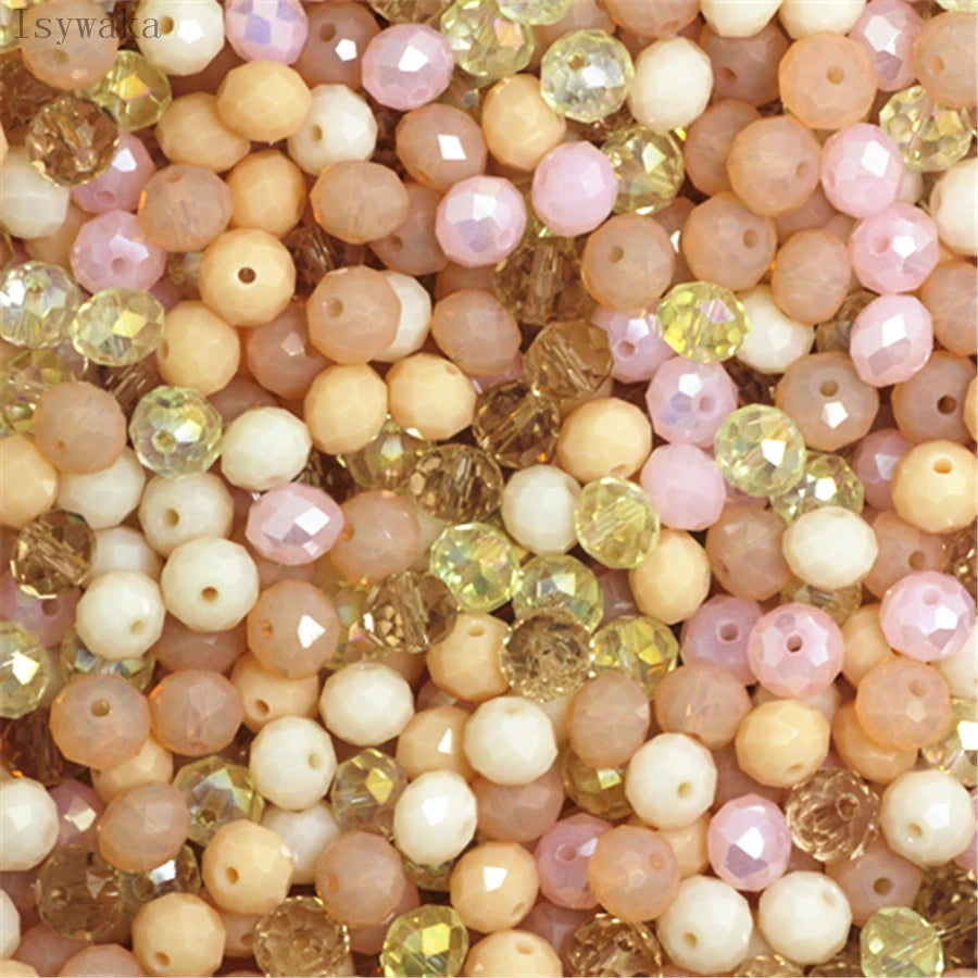 Multicolor round crystal glass beads in shades of pink, peach, and cream for jewelry making