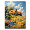 A vibrant oil painting of a rural landscape featuring an old house, fields, and a reflective pond under a cloudy blue sky.