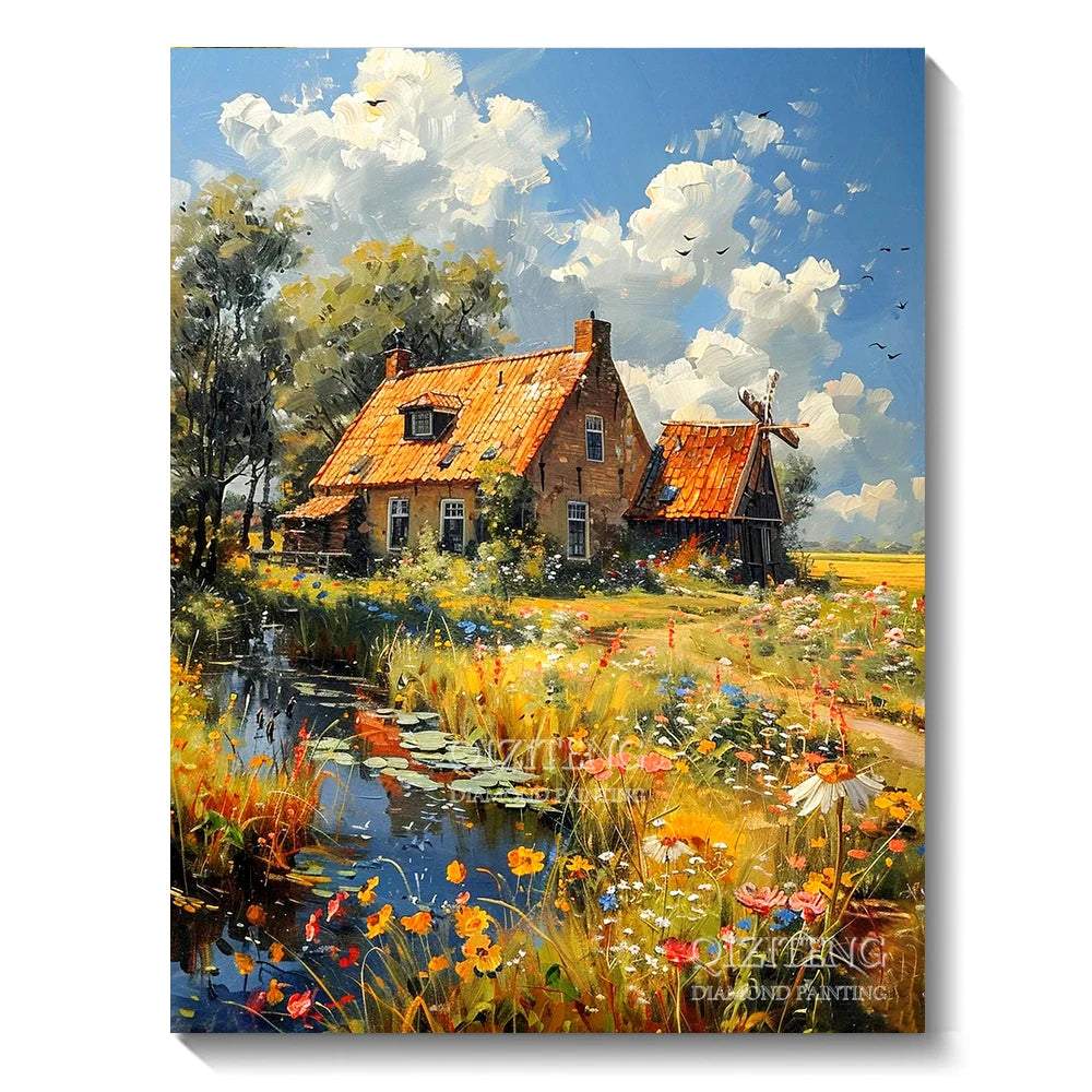 A vibrant oil painting of a rural landscape featuring an old house, fields, and a reflective pond under a cloudy blue sky.