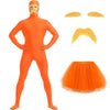 Full body orange spandex morph suit with a mustache and eyebrows, shown with separate facial features and a tutu skirt.
