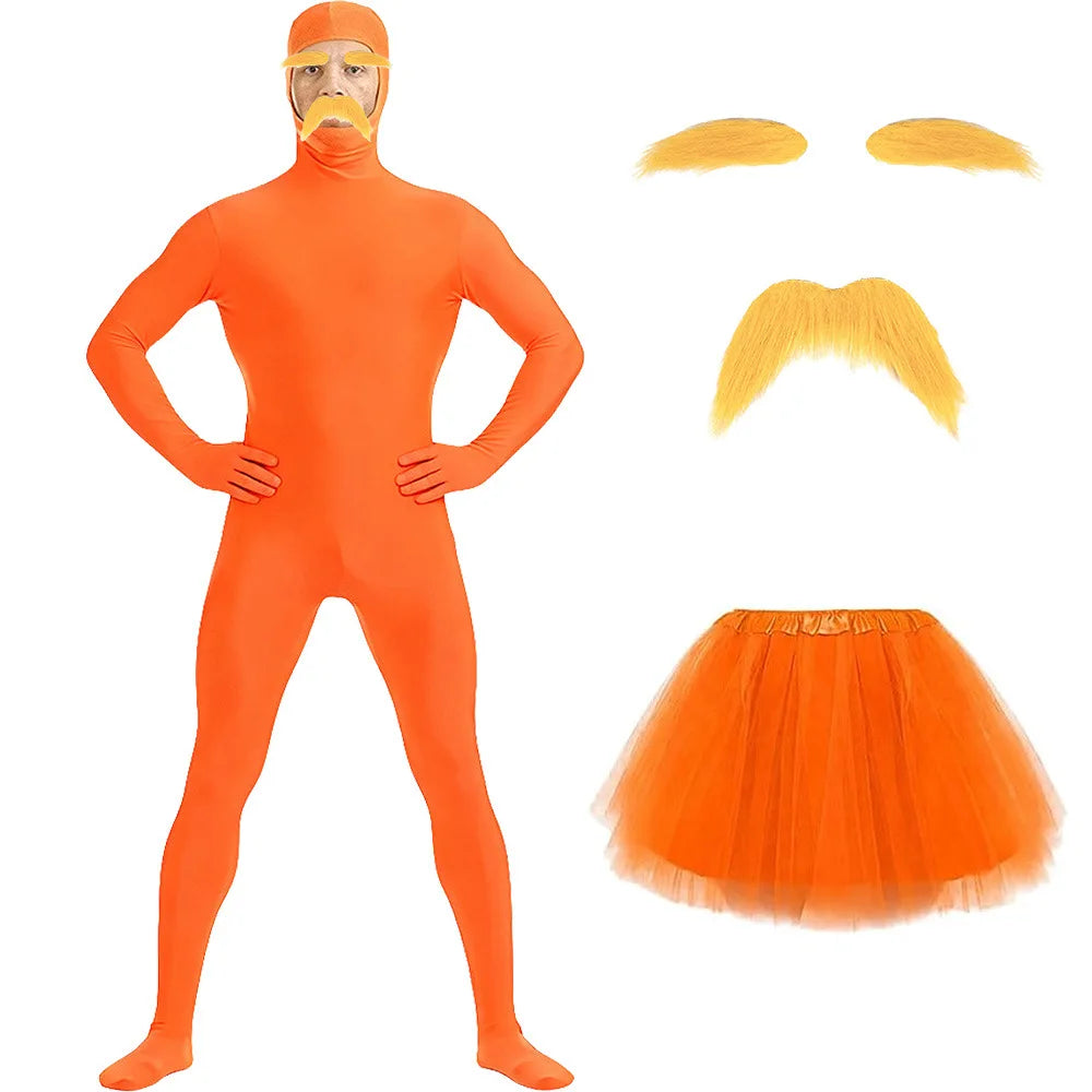 Full body orange spandex morph suit with a mustache and eyebrows, shown with separate facial features and a tutu skirt.
