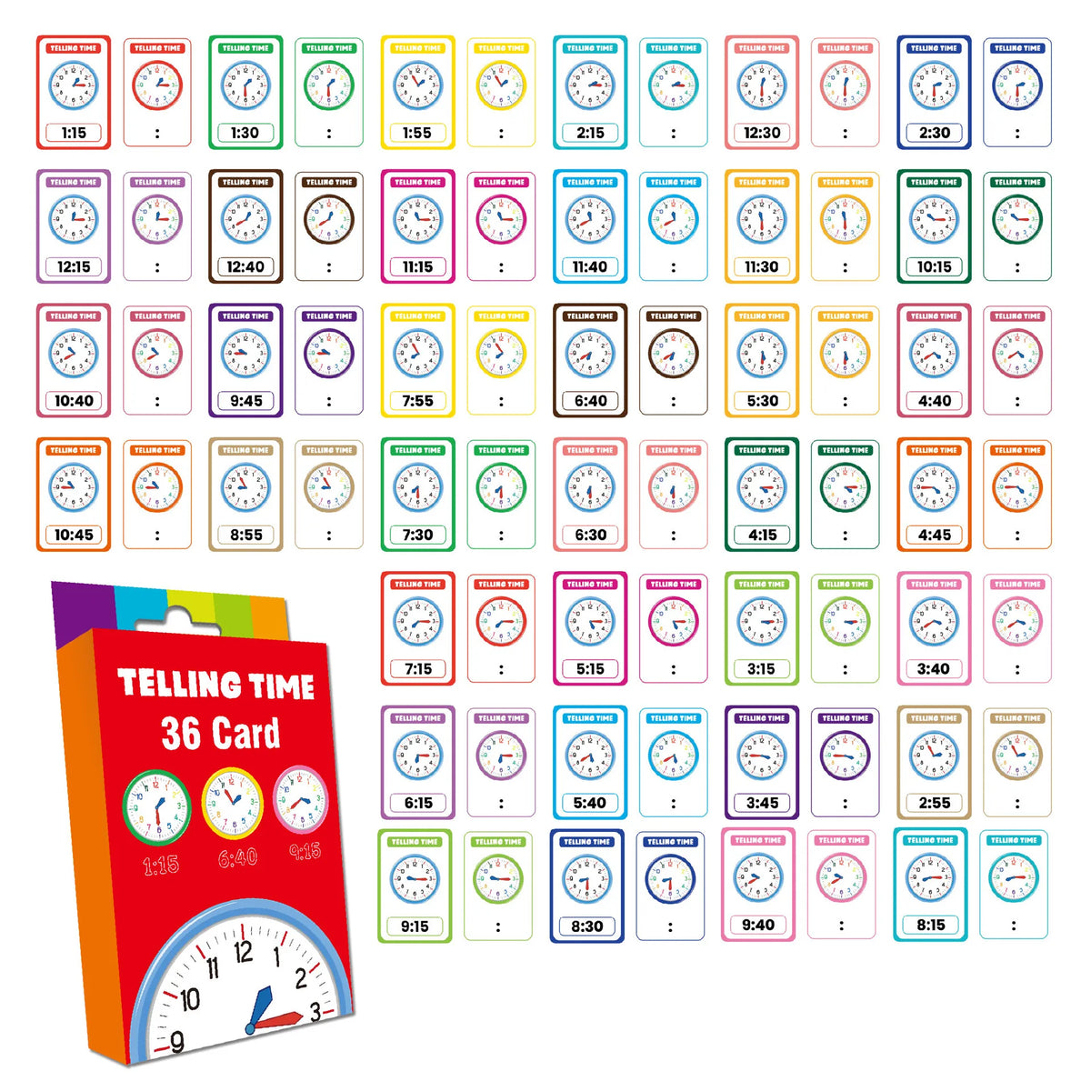 A set of telling time flash cards showing various times and numbers for early learning.