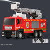 A red fire engine toy truck with a working ladder and siren lights on a gray background.