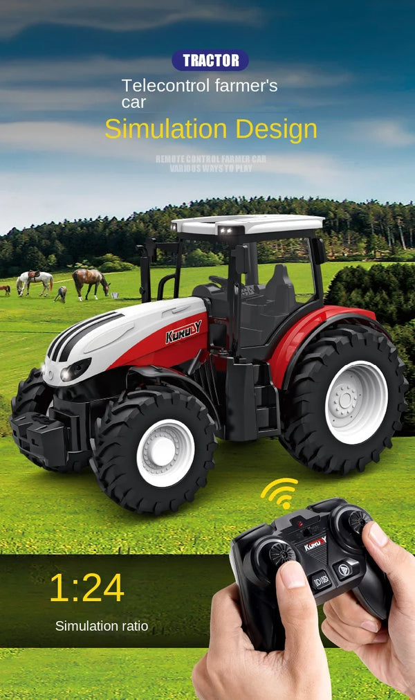 A remote control model of a tractor is shown in a simulation design context, with a hand holding the controller.