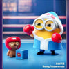 A yellow Minion figure wearing goggles and boxing gloves stands next to a blue box, set against a blue background.