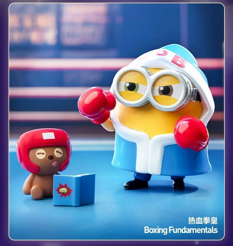 A yellow Minion figure wearing goggles and boxing gloves stands next to a blue box, set against a blue background.
