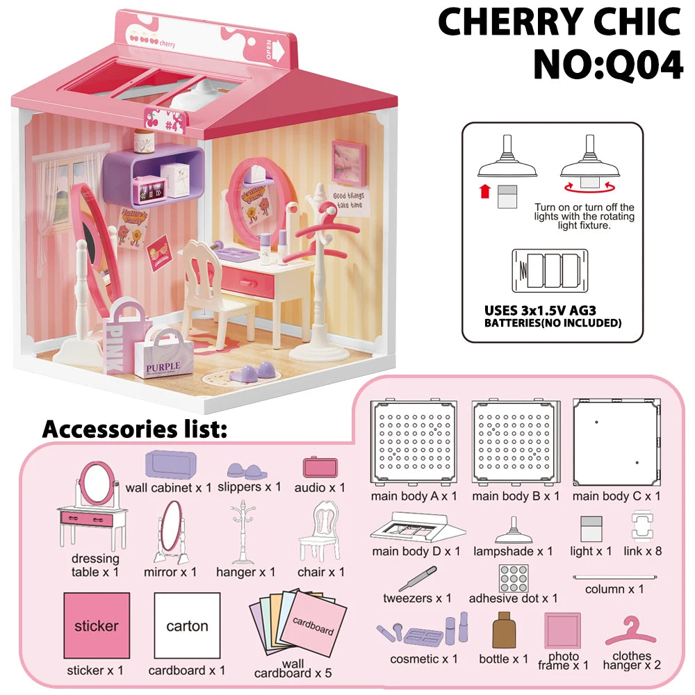 A pink miniature DIY dollhouse furniture assembly kit with accessories for building a dollhouse.
