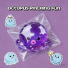 A purple octopus pinching fun squishy bubble toy sealed in a clear plastic bag.
