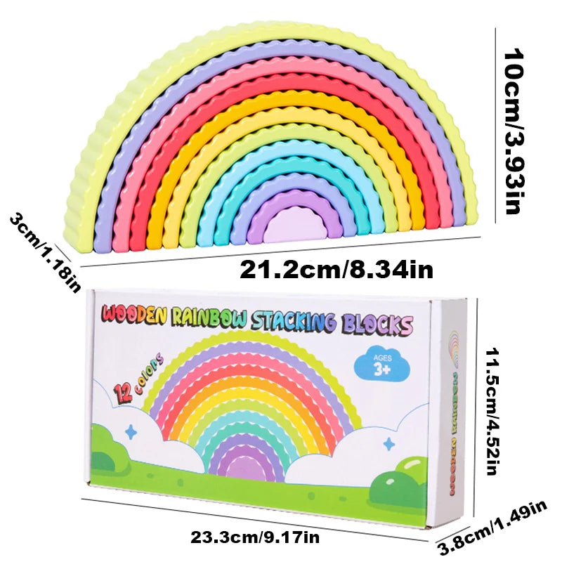 A set of wooden rainbow stacking blocks in various colors arranged in an arch shape.