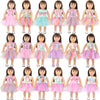 A collection of twelve dolls wearing pink and iridescent unicorn skirt outfits.