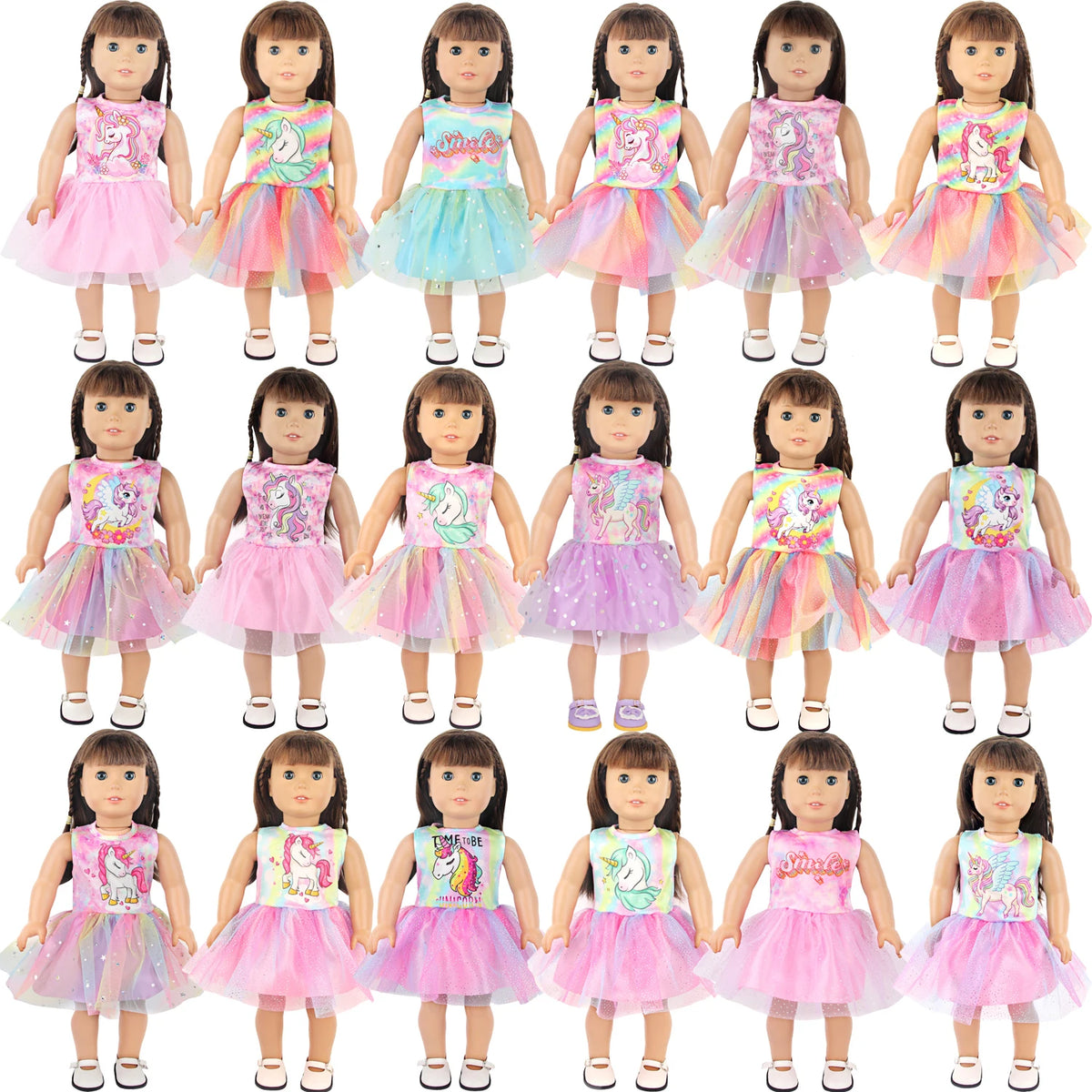 A collection of twelve dolls wearing pink and iridescent unicorn skirt outfits.