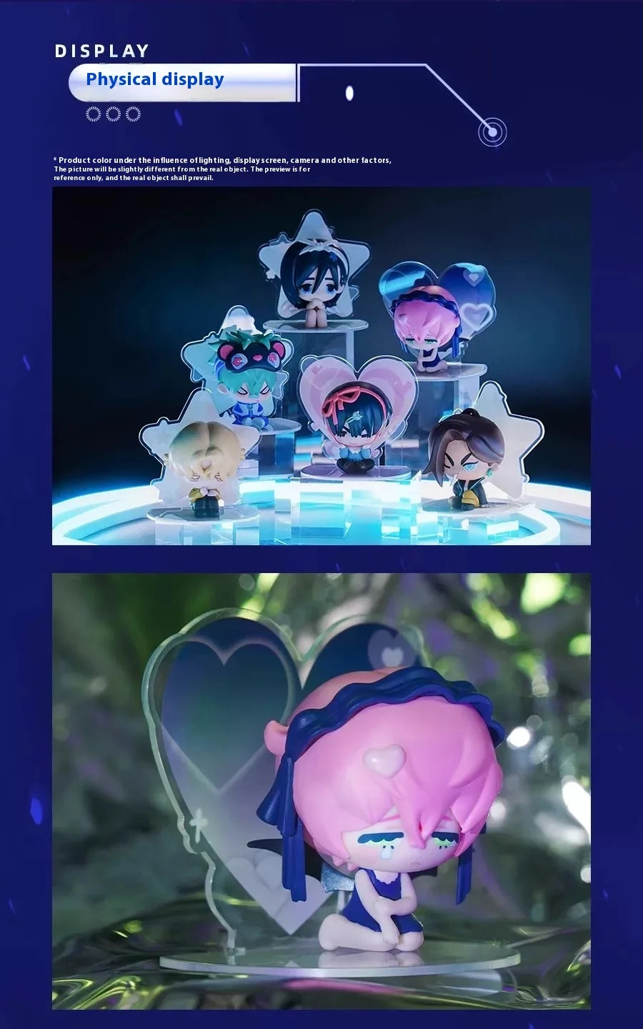 A display of several blind box mini figures featuring various hair colors and styles on a clear stand.