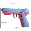 A pink and blue automatic shell-ejecting fidget pistol toy for kids shown from the side.
